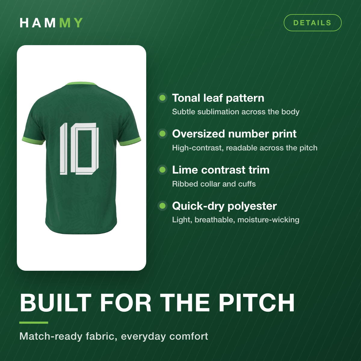 Fabric and design features of the Hammy green football jersey