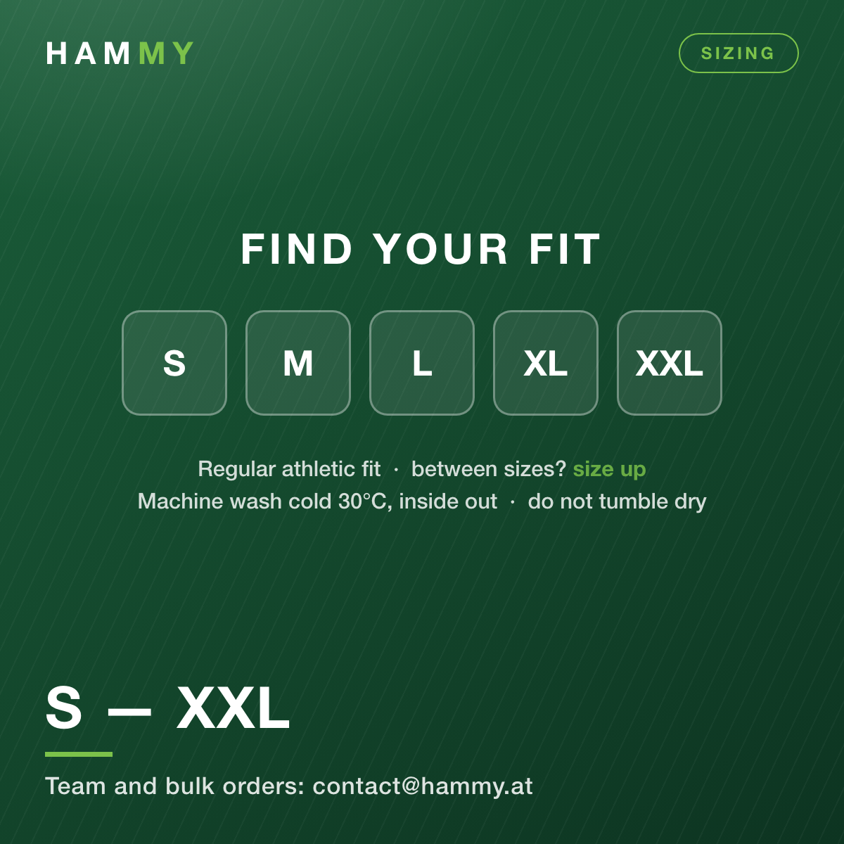 Size guide S to XXL for the Hammy green football jersey