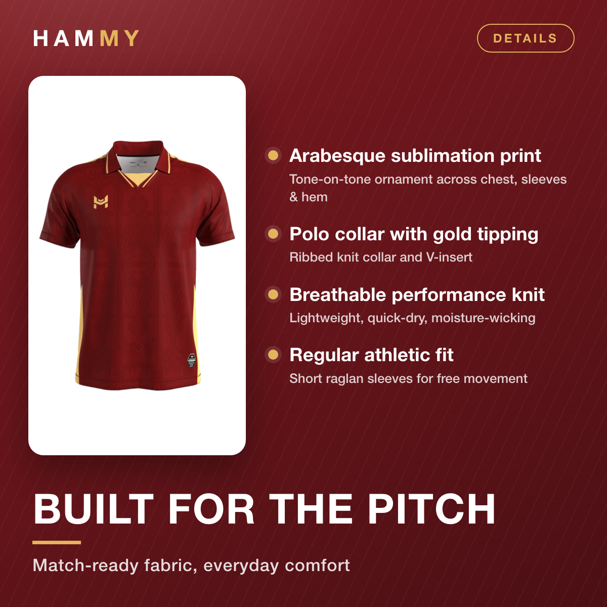 Fabric and design features of the Hammy maroon and gold football jersey