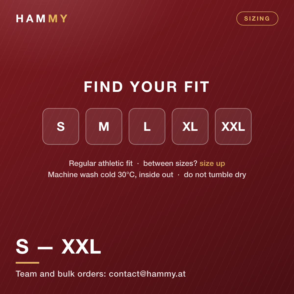 Size guide S to XXL for the Hammy maroon and gold football jersey