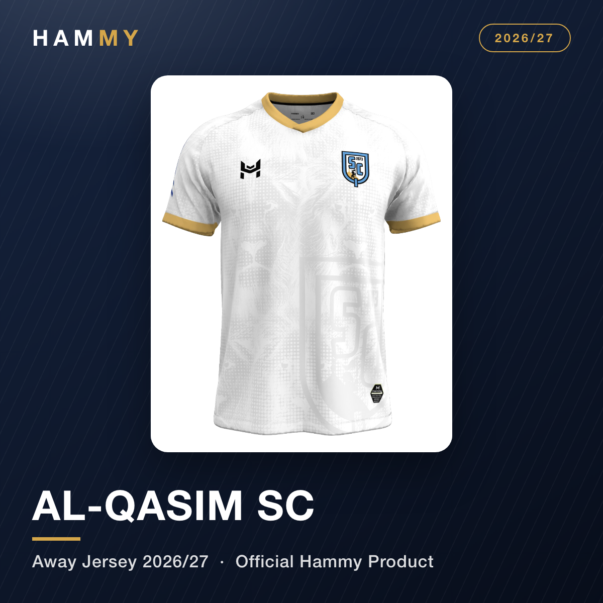 Al-Qasim SC white and gold away football jersey 2026/27 promotional banner